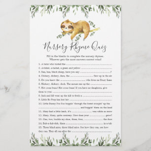 Sloth Animals Baby ShowKinderzimmer Rhyme Quiz Gam