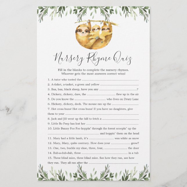 Sloth Animals Baby ShowKinderzimmer Rhyme Quiz Gam (Vorderseite)