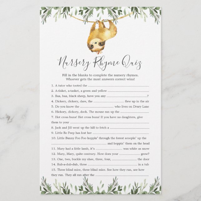 Sloth Animals Baby ShowKinderzimmer Rhyme Quiz Gam (Vorderseite)