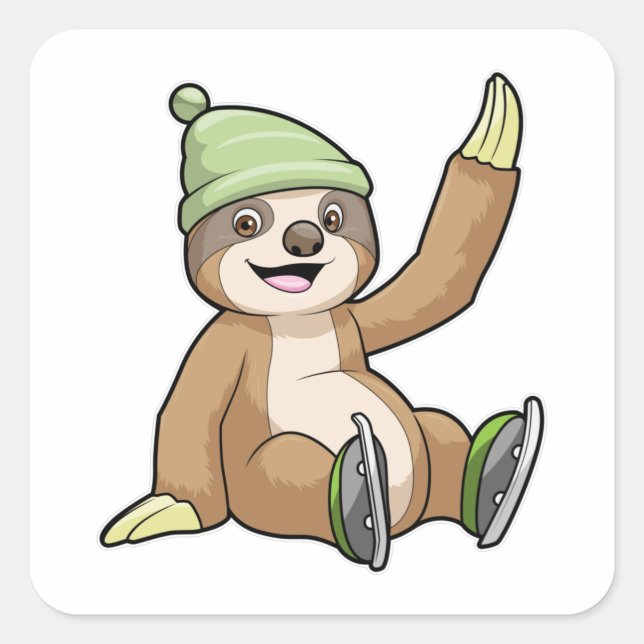 Sloth at Ice Skaten mit Ice-Skaten Quadratischer Aufkleber (Vorderseite)