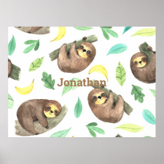 Sloth auf einer Bananen-Zweigniederlassung Poster