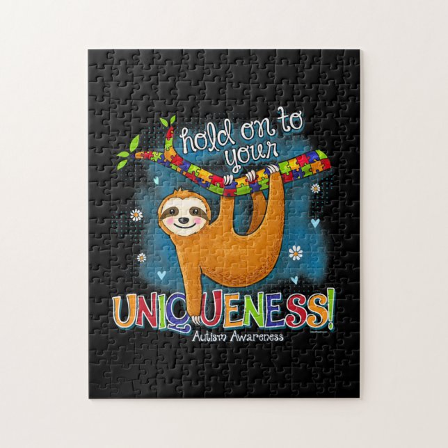 Sloth Autism Awareness hält an Ihrer Einzigartigke Puzzle (Vertikal)