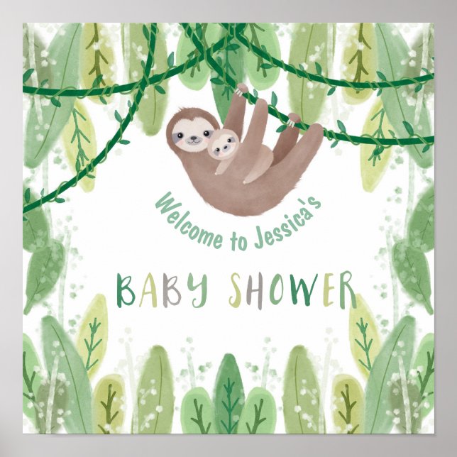 Sloth Baby Boy Duschdusche Jungle Thema Willkommen Poster (Vorne)