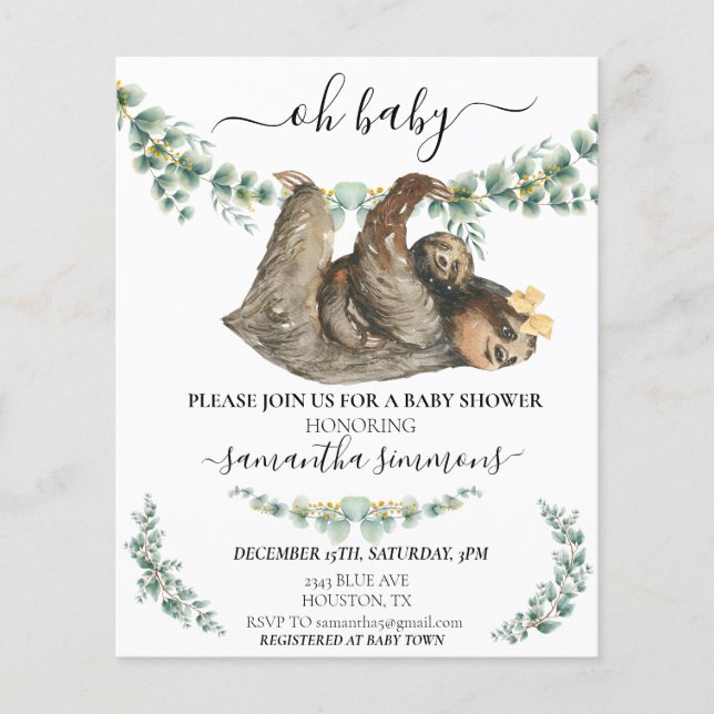 Sloth Baby Dusche Eucalyptus Watercolor (Vorderseite)