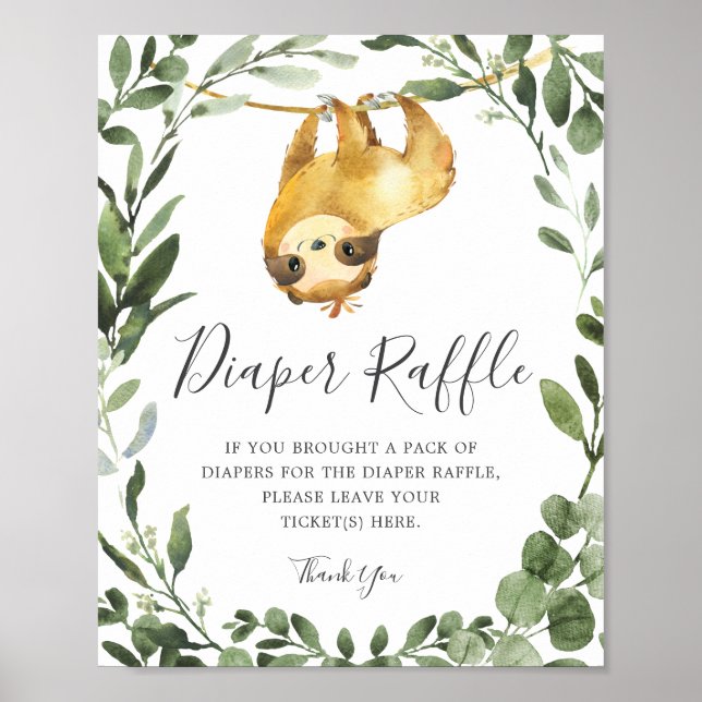 Sloth Baby Dusche Windeln Raffle-Zeichen Poster (Vorne)