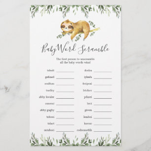 Sloth Baby Dusche Word Scramble Game