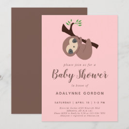 Sloth Baby Duwer Girl Pink Brown Modern Simple Einladung