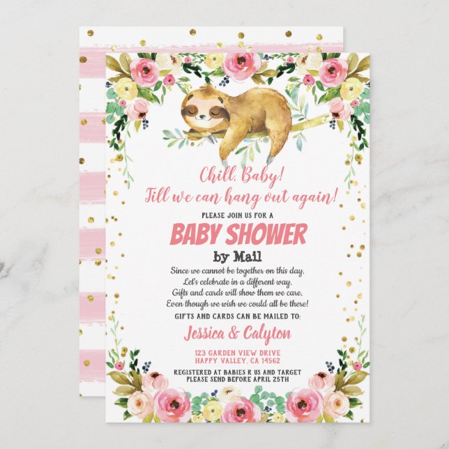 Sloth Baby Girl Dusche mit Mail Pink und Gold Einladung (Vorne/Hinten)
