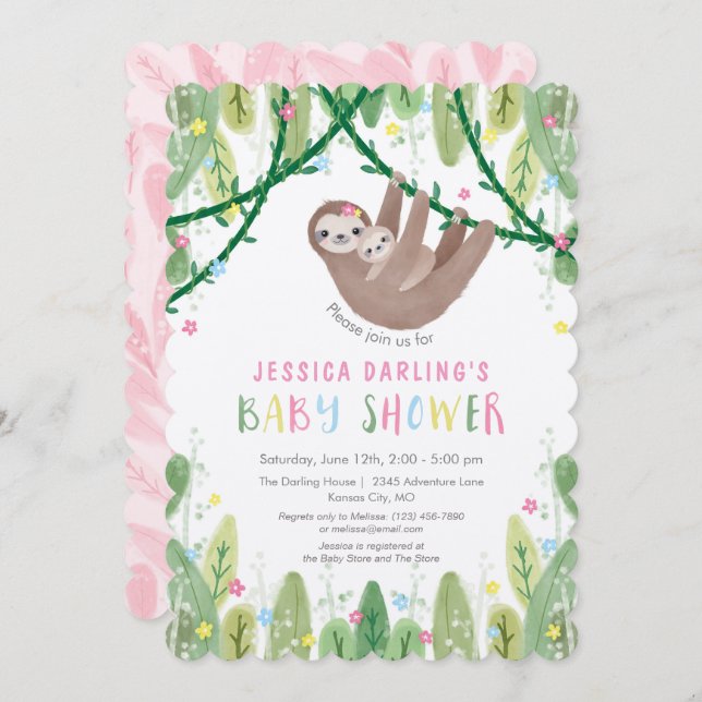 Sloth Baby Girl Duwer Jungle Thema Einladung (Vorne/Hinten)