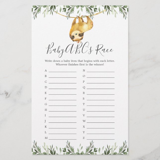 Sloth Baby Shower ABCs Race Game (Vorderseite)