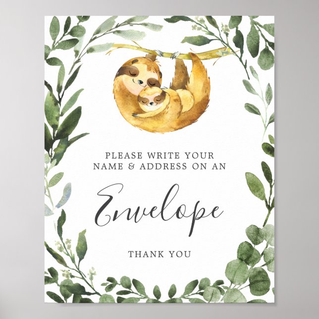 Sloth Baby Shower Address Envelope-Zeichen Poster (Vorne)