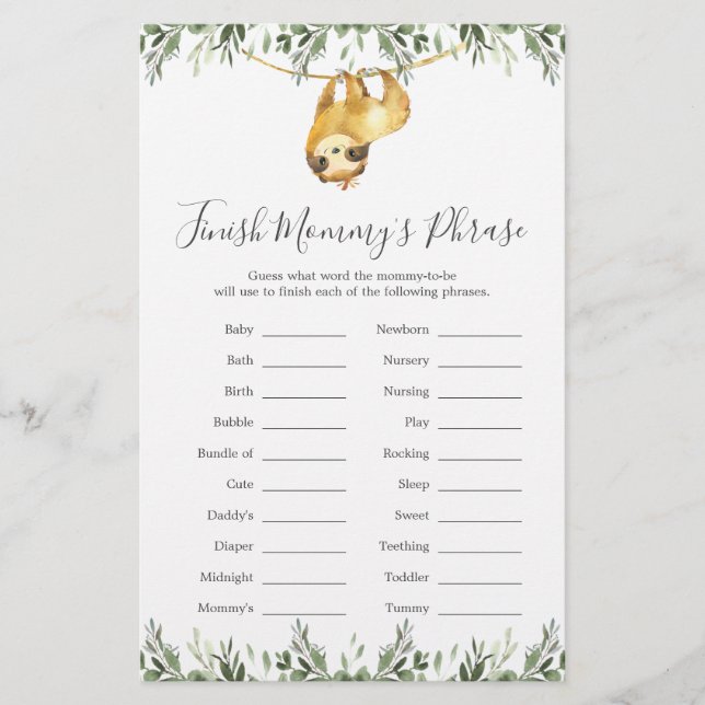 Sloth Baby Shower beendet Mommy's Phrase Game (Vorderseite)