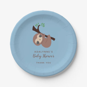 Sloth Baby Shower Boy Blue Brown Script Niedlich Pappteller