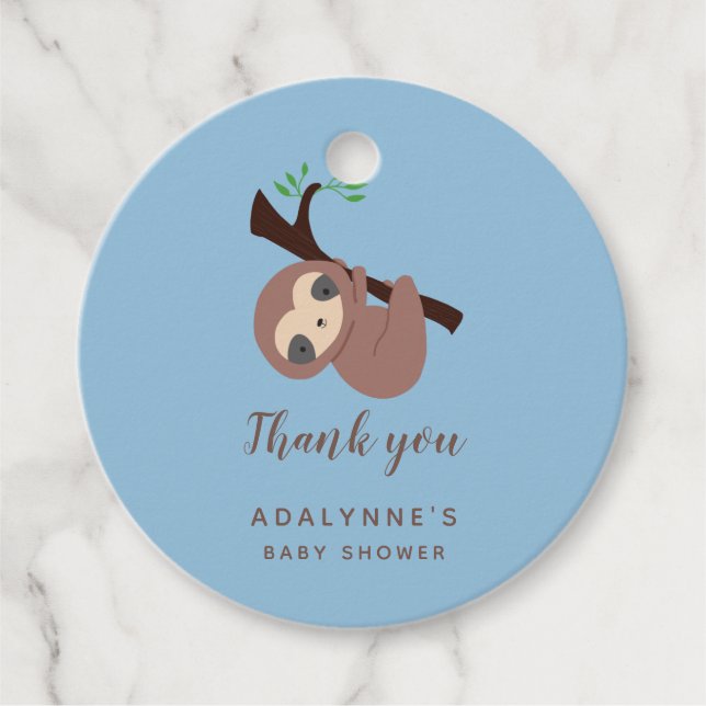 Sloth Baby Shower Boy Danke Blue Script Niedlich Geschenkanhänger (Vorderseite)