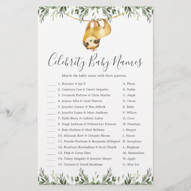 Sloth Baby Shower Celebrity Baby Names Game (Vorderseite)