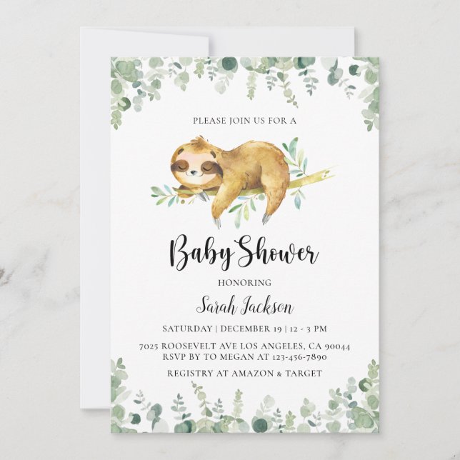 Sloth Baby Shower Einladung (Vorderseite)