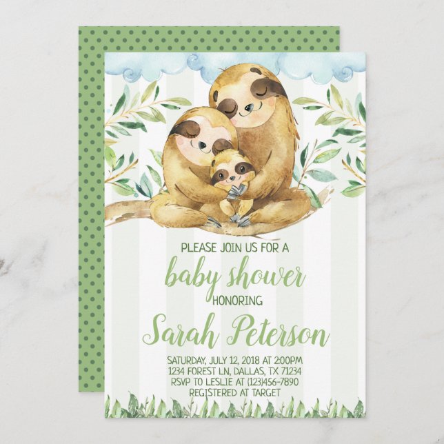 Sloth Baby Shower Einladung (Vorne/Hinten)