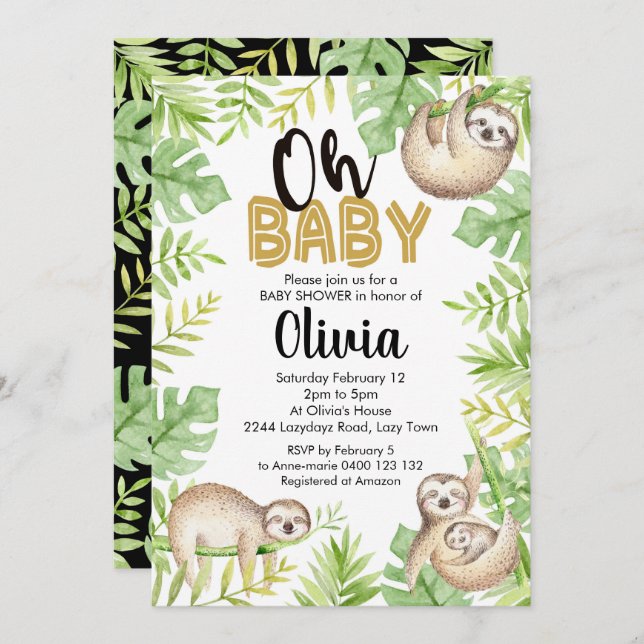 Sloth Baby Shower Einladung Baby Sloth (Vorne/Hinten)