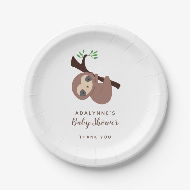 Sloth Baby Shower Gender Neutral Script Niedlich Pappteller (Vorderseite)