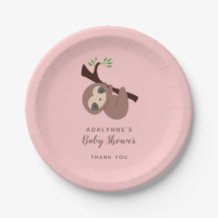 Sloth Baby Shower Girl Pink Brown Script Niedlich Pappteller