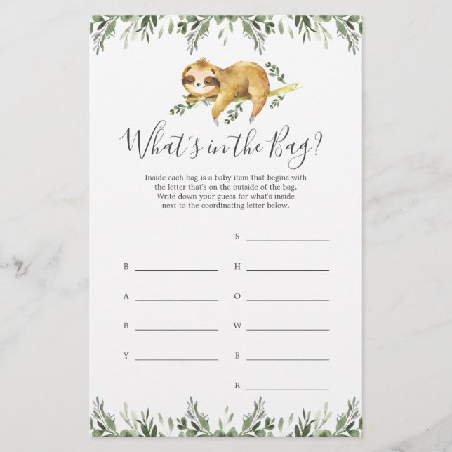 Sloth Baby Shower Guess Was ist im Bag Game? (Vorderseite)