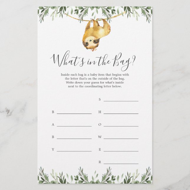 Sloth Baby Shower Guess Was ist im Bag Game? (Vorderseite)