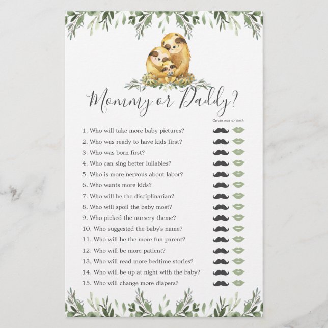 Sloth Baby Shower Mommy oder Daddy Game (Vorderseite)
