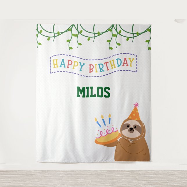 Sloth Birthday Backdrop Personalized Tapestry Wandteppich (Vorderseite)