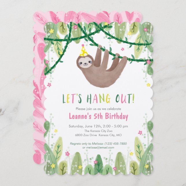 Sloth Birthday Party in Pink & Gelb Einladung (Vorne/Hinten)