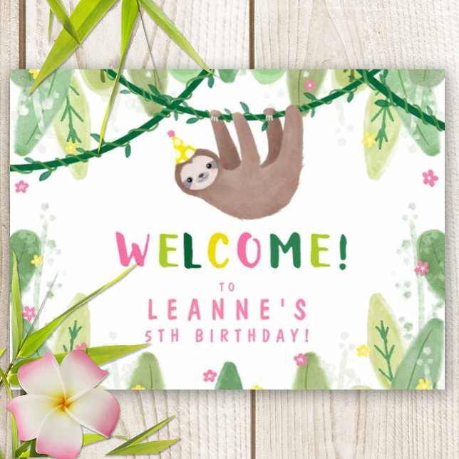 Sloth Birthday Party in Pink & Yellow Begrüßungsze Poster (Super cute sloth Welcome Party Poster)