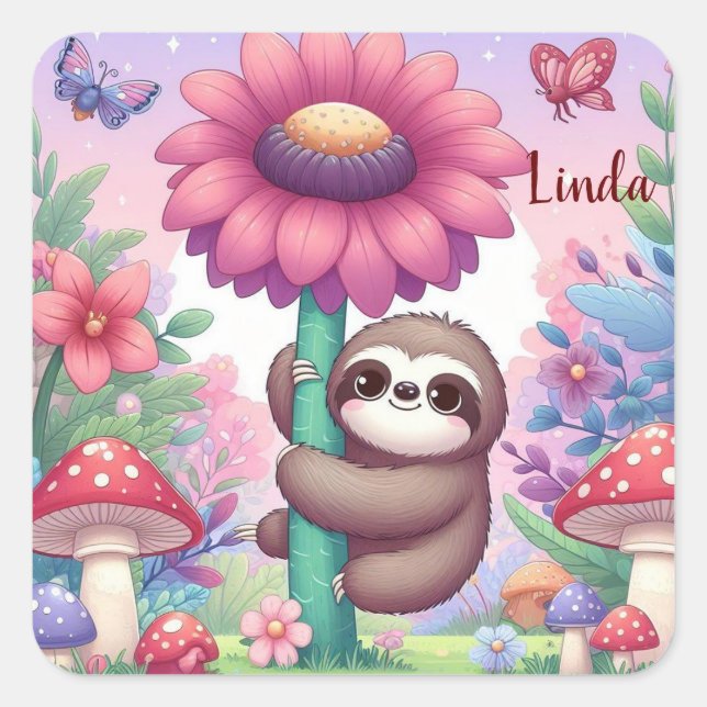 Sloth Blume personalisieren Quadratischer Aufkleber (Vorderseite)