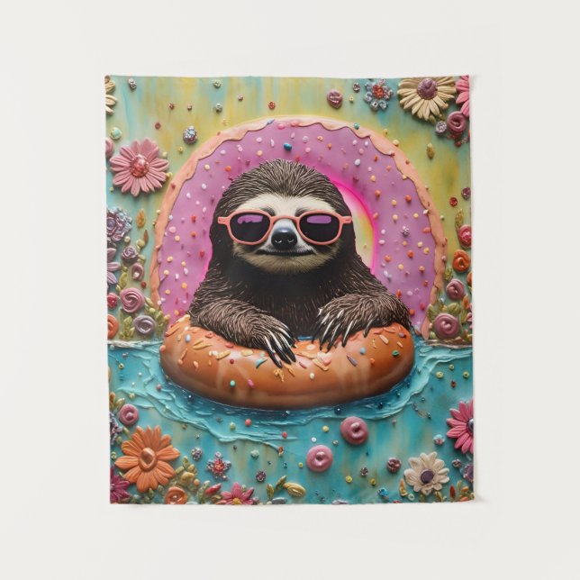 Sloth Chilling in einem Floating Donut Funny Colla Wandteppich (Vorderseite)