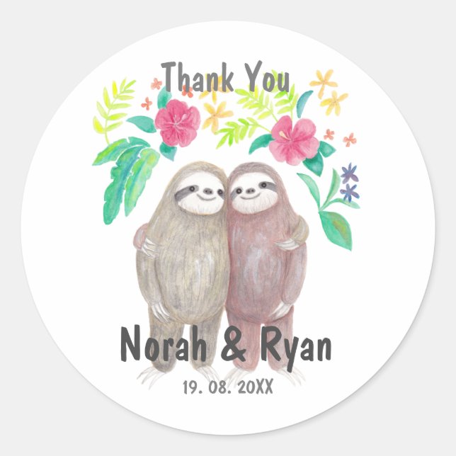 Sloth Couple Tropical Unique Custom Wedding Gefall Runder Aufkleber (Vorderseite)