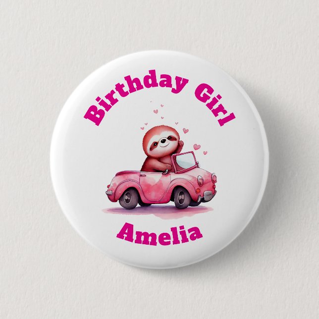 Sloth Driving a Pink Convertible Birthday Girl Button (Vorderseite)