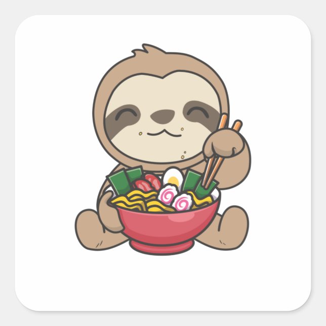 Sloth Eat Ramen Niedlich Kawaii Noodle Sloth Quadratischer Aufkleber (Vorderseite)
