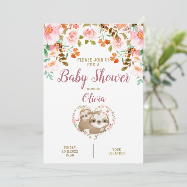 Sloth Floral Watercolor Babydusche Einladung (Stehend Vorderseite)