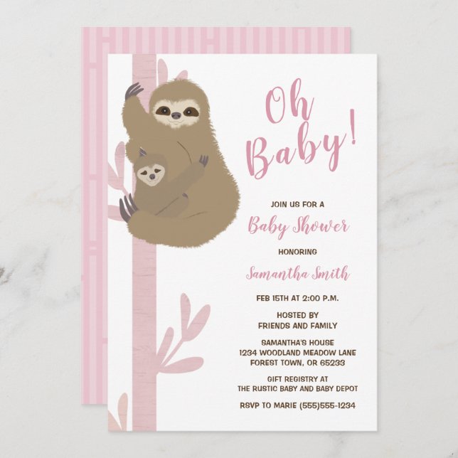 Sloth Girl Baby Shower Einladung (Vorne/Hinten)