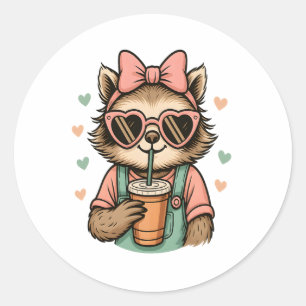 Sloth Girl Coffee Lover Runder Aufkleber
