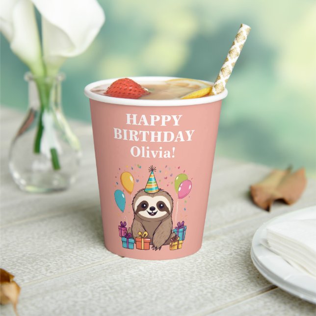 Sloth Girl Happy Birthday Party Pink Personalisier Pappbecher (In Situ)