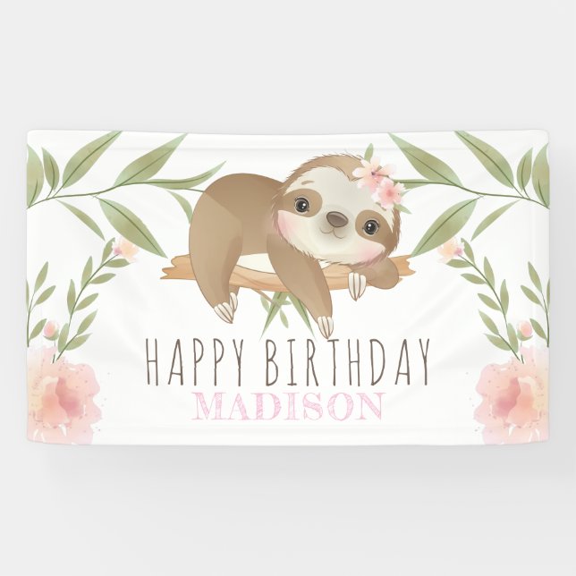 Sloth Girl Happy Birthday Personalisiert Banner (Horizontal)