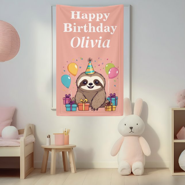 Sloth Girl Happy Birthday Pink Personalisiert Banner (Sloth birthday party banner in pink for your child's birthday party.)