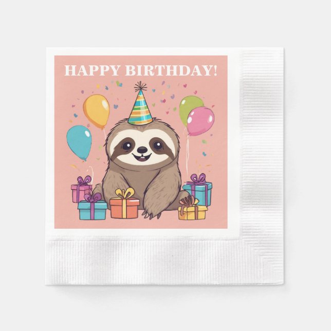 Sloth Girl Happy Birthday Pink Personalisiert Serviette (Vorderseite)