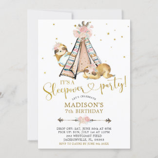 Sloth Girl Teepee Floral Sleepover Party Einladung