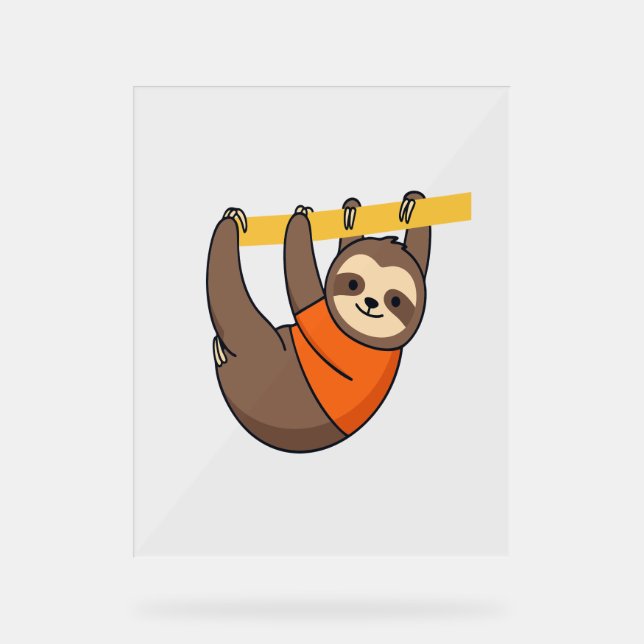 Sloth Hangon Branch mit Orange Acrylschild (Vorderseite)