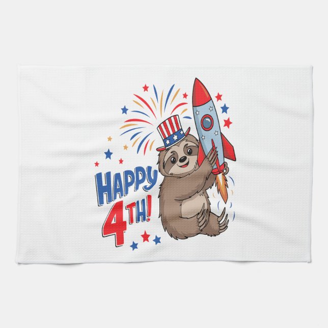 Sloth Happy 4th Rocket Fireworks USA Geschirrtuch (Horizontal)