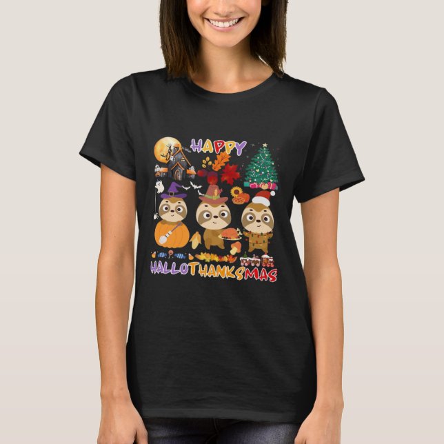 Sloth Happy Hallothanksmas Funny Halloween Thanksg T-Shirt (Vorderseite)