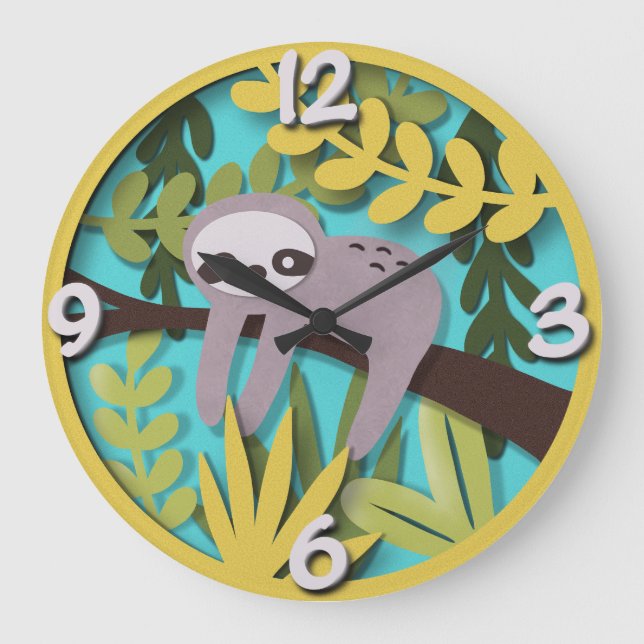 Sloth Haven: Whimsical Papercut Kinderzimmer Große Wanduhr (Vorderseite)