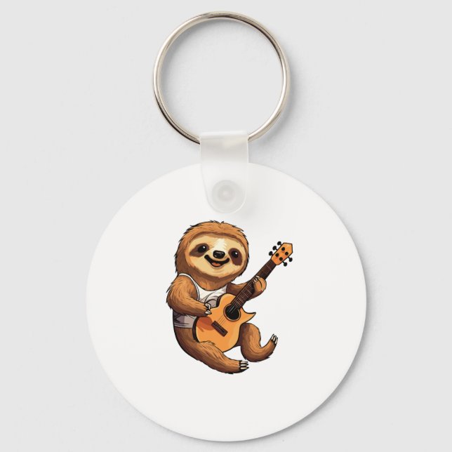 Sloth Holding Guitar Weihnachtsmannmütze Schlüsselanhänger (Vorderseite)