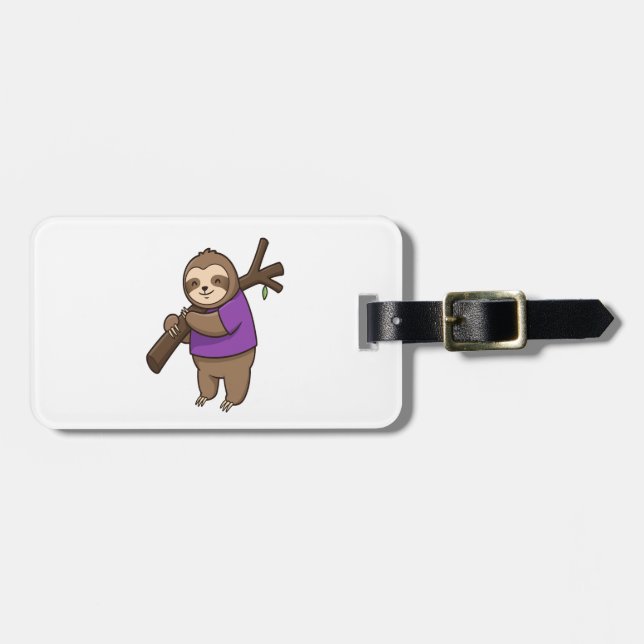 Sloth Hugging Tree Branch Wearing Purple Gepäckanhänger (Vorderseite horizontal)
