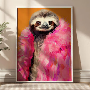 Sloth in rosa Fur Animal Fashion Art Print Poster
